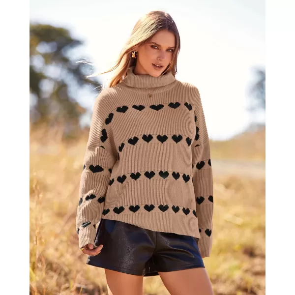 imageBTFBM Women 2023 Casual Turtleneck Sweaters Heart Print Oversized Long Sleeve Knit Fall Winter Jumper PulloversHeart Khaki Black
