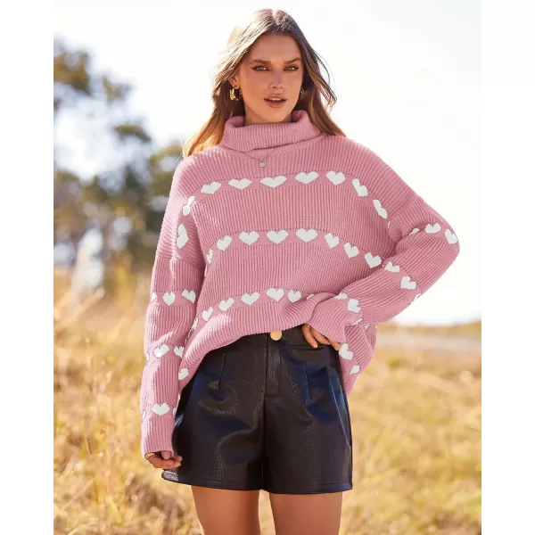 imageBTFBM Women 2023 Casual Turtleneck Sweaters Heart Print Oversized Long Sleeve Knit Fall Winter Jumper PulloversHeart Light Pink White