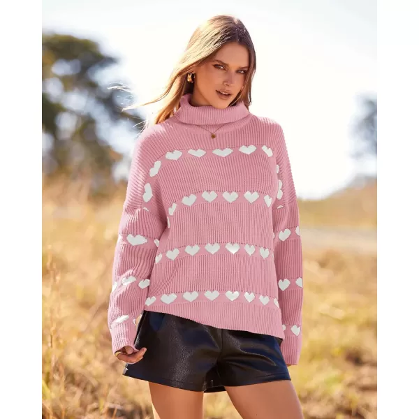 imageBTFBM Women 2023 Casual Turtleneck Sweaters Heart Print Oversized Long Sleeve Knit Fall Winter Jumper PulloversHeart Light Pink White