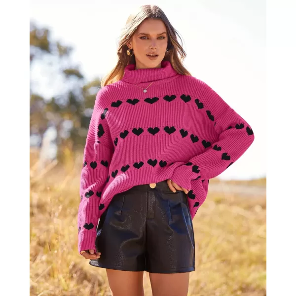imageBTFBM Women 2023 Casual Turtleneck Sweaters Heart Print Oversized Long Sleeve Knit Fall Winter Jumper PulloversHeart Rose Red Black