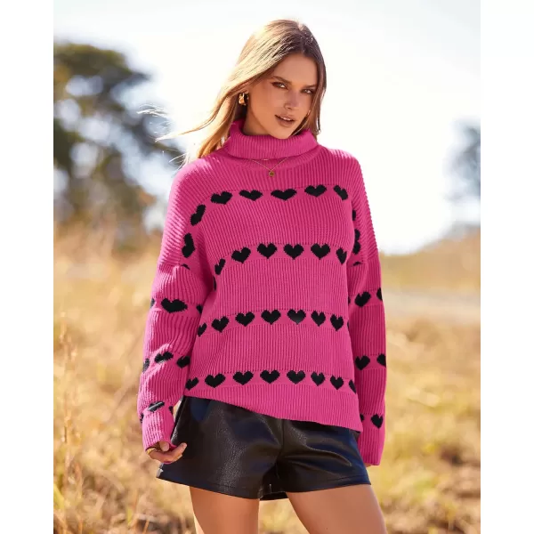 imageBTFBM Women 2023 Casual Turtleneck Sweaters Heart Print Oversized Long Sleeve Knit Fall Winter Jumper PulloversHeart Rose Red Black
