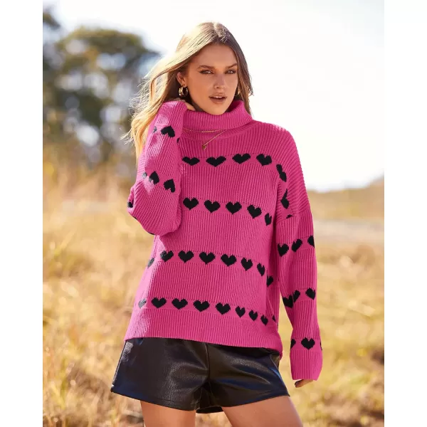 imageBTFBM Women 2023 Casual Turtleneck Sweaters Heart Print Oversized Long Sleeve Knit Fall Winter Jumper PulloversHeart Rose Red Black