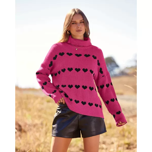 imageBTFBM Women 2023 Casual Turtleneck Sweaters Heart Print Oversized Long Sleeve Knit Fall Winter Jumper PulloversHeart Rose Red Black