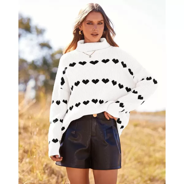 imageBTFBM Women 2023 Casual Turtleneck Sweaters Heart Print Oversized Long Sleeve Knit Fall Winter Jumper PulloversHeart White Black