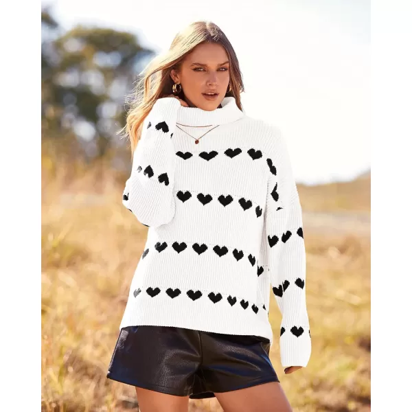 imageBTFBM Women 2023 Casual Turtleneck Sweaters Heart Print Oversized Long Sleeve Knit Fall Winter Jumper PulloversHeart White Black