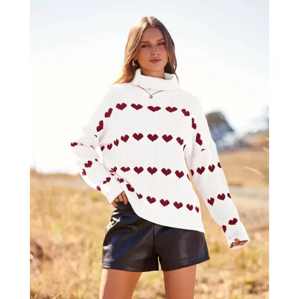 imageBTFBM Women 2023 Casual Turtleneck Sweaters Heart Print Oversized Long Sleeve Knit Fall Winter Jumper PulloversHeart White Wine Red