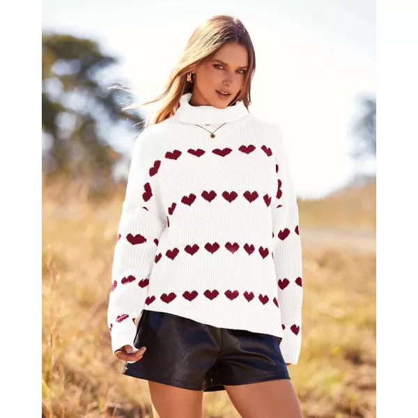 imageBTFBM Women 2023 Casual Turtleneck Sweaters Heart Print Oversized Long Sleeve Knit Fall Winter Jumper PulloversHeart White Wine Red