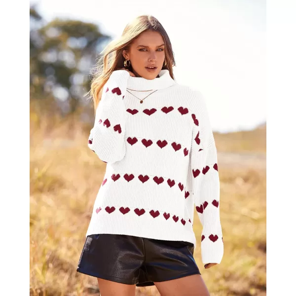 imageBTFBM Women 2023 Casual Turtleneck Sweaters Heart Print Oversized Long Sleeve Knit Fall Winter Jumper PulloversHeart White Wine Red