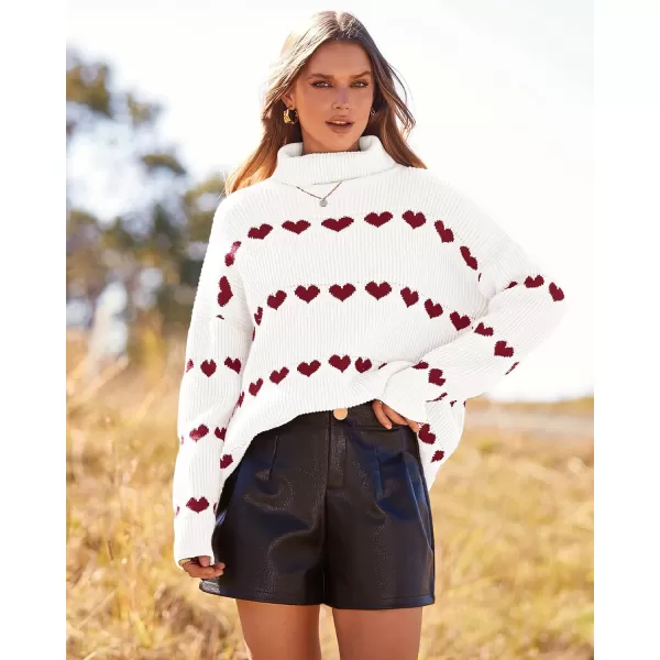 imageBTFBM Women 2023 Casual Turtleneck Sweaters Heart Print Oversized Long Sleeve Knit Fall Winter Jumper PulloversHeart White Wine Red