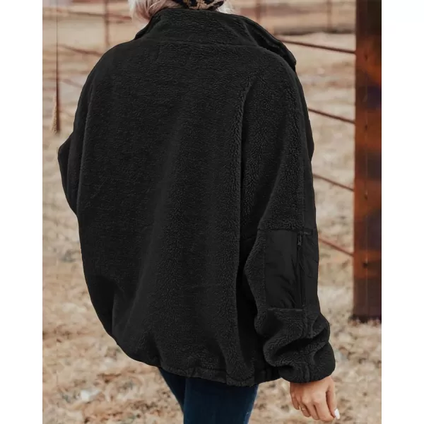 imageBTFBM Women 2023 Fall Winter Fleece Jackets Full Zip Long Sleeve Casual Soft Fuzzy Shaggy Teddy Coats Jacket OuterwearSolid Black