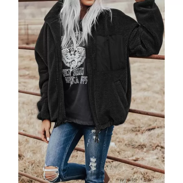 imageBTFBM Women 2023 Fall Winter Fleece Jackets Full Zip Long Sleeve Casual Soft Fuzzy Shaggy Teddy Coats Jacket OuterwearSolid Black