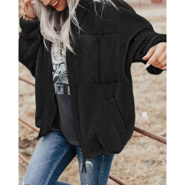 imageBTFBM Women 2023 Fall Winter Fleece Jackets Full Zip Long Sleeve Casual Soft Fuzzy Shaggy Teddy Coats Jacket OuterwearSolid Black