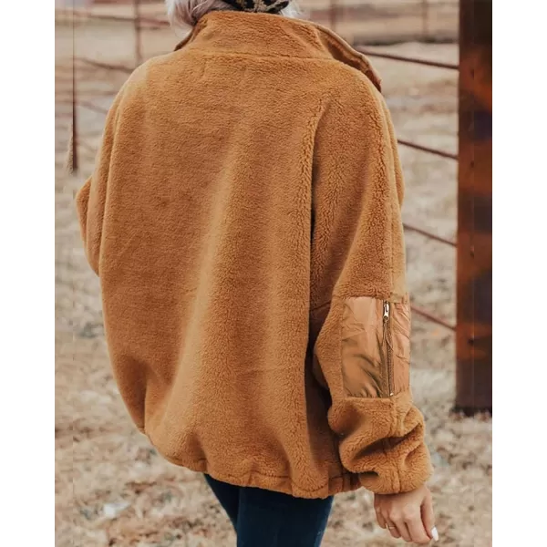 imageBTFBM Women 2023 Fall Winter Fleece Jackets Full Zip Long Sleeve Casual Soft Fuzzy Shaggy Teddy Coats Jacket OuterwearSolid Brown