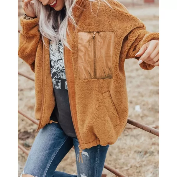 imageBTFBM Women 2023 Fall Winter Fleece Jackets Full Zip Long Sleeve Casual Soft Fuzzy Shaggy Teddy Coats Jacket OuterwearSolid Brown
