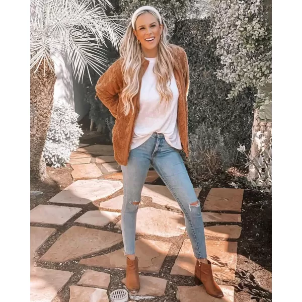 imageBTFBM Women 2023 Fall Winter Fleece Jackets Full Zip Long Sleeve Casual Soft Fuzzy Shaggy Teddy Coats Jacket OuterwearSolid Brown