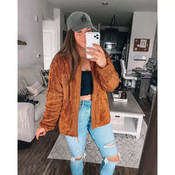 imageBTFBM Women 2023 Fall Winter Fleece Jackets Full Zip Long Sleeve Casual Soft Fuzzy Shaggy Teddy Coats Jacket OuterwearSolid Brown