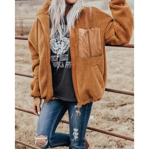 imageBTFBM Women 2023 Fall Winter Fleece Jackets Full Zip Long Sleeve Casual Soft Fuzzy Shaggy Teddy Coats Jacket OuterwearSolid Brown