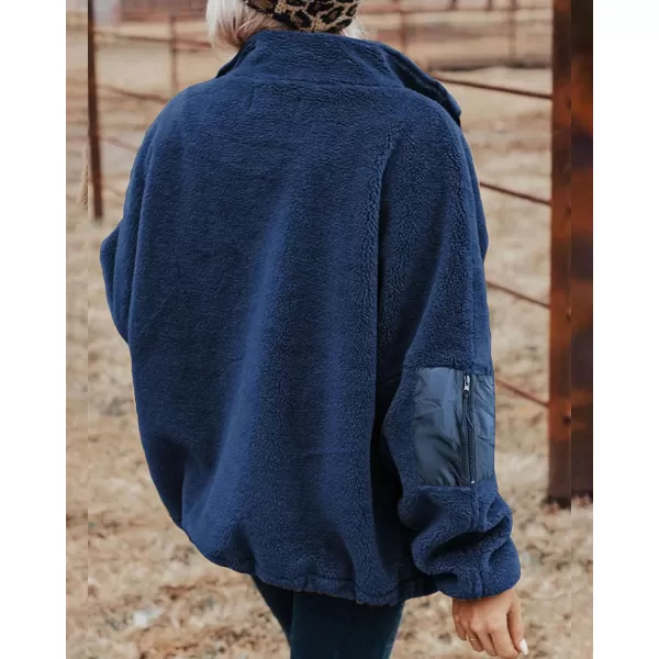 imageBTFBM Women 2023 Fall Winter Fleece Jackets Full Zip Long Sleeve Casual Soft Fuzzy Shaggy Teddy Coats Jacket OuterwearSolid Dark Blue