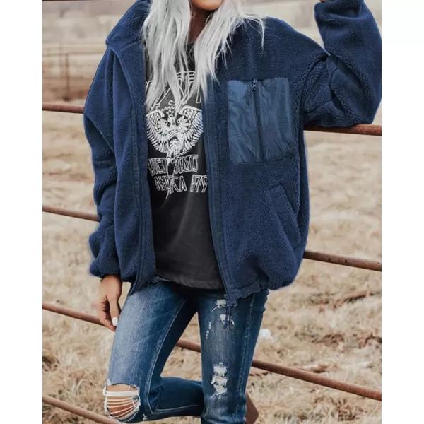 imageBTFBM Women 2023 Fall Winter Fleece Jackets Full Zip Long Sleeve Casual Soft Fuzzy Shaggy Teddy Coats Jacket OuterwearSolid Dark Blue