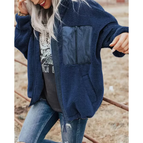 imageBTFBM Women 2023 Fall Winter Fleece Jackets Full Zip Long Sleeve Casual Soft Fuzzy Shaggy Teddy Coats Jacket OuterwearSolid Dark Blue