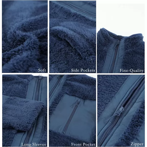 imageBTFBM Women 2023 Fall Winter Fleece Jackets Full Zip Long Sleeve Casual Soft Fuzzy Shaggy Teddy Coats Jacket OuterwearSolid Dark Blue