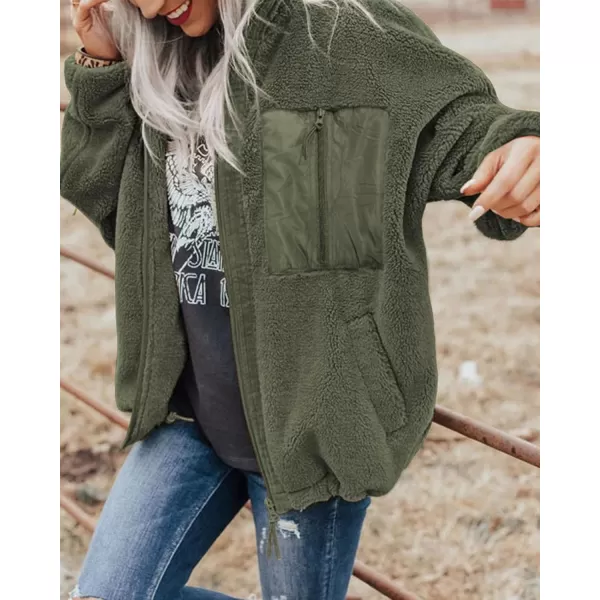 imageBTFBM Women 2023 Fall Winter Fleece Jackets Full Zip Long Sleeve Casual Soft Fuzzy Shaggy Teddy Coats Jacket OuterwearSolid Green