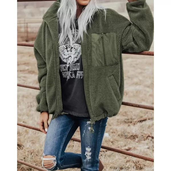 imageBTFBM Women 2023 Fall Winter Fleece Jackets Full Zip Long Sleeve Casual Soft Fuzzy Shaggy Teddy Coats Jacket OuterwearSolid Green