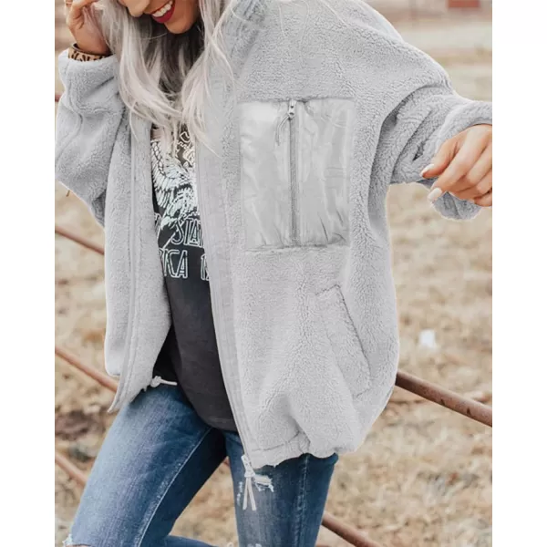 imageBTFBM Women 2023 Fall Winter Fleece Jackets Full Zip Long Sleeve Casual Soft Fuzzy Shaggy Teddy Coats Jacket OuterwearSolid Grey