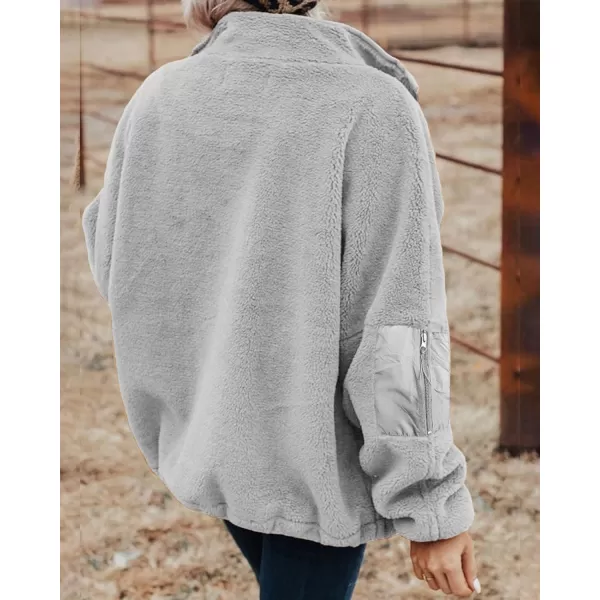 imageBTFBM Women 2023 Fall Winter Fleece Jackets Full Zip Long Sleeve Casual Soft Fuzzy Shaggy Teddy Coats Jacket OuterwearSolid Grey