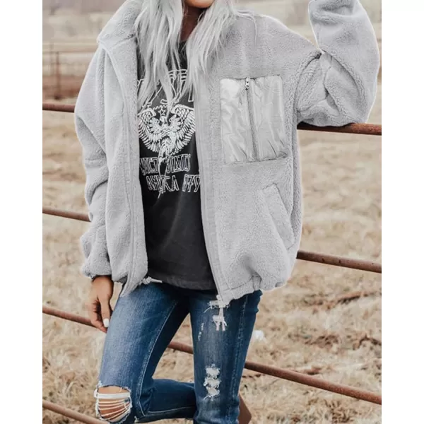 imageBTFBM Women 2023 Fall Winter Fleece Jackets Full Zip Long Sleeve Casual Soft Fuzzy Shaggy Teddy Coats Jacket OuterwearSolid Grey