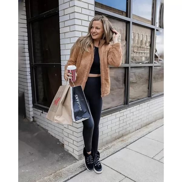 imageBTFBM Women 2023 Fall Winter Fleece Jackets Full Zip Long Sleeve Casual Soft Fuzzy Shaggy Teddy Coats Jacket OuterwearSolid Khaki