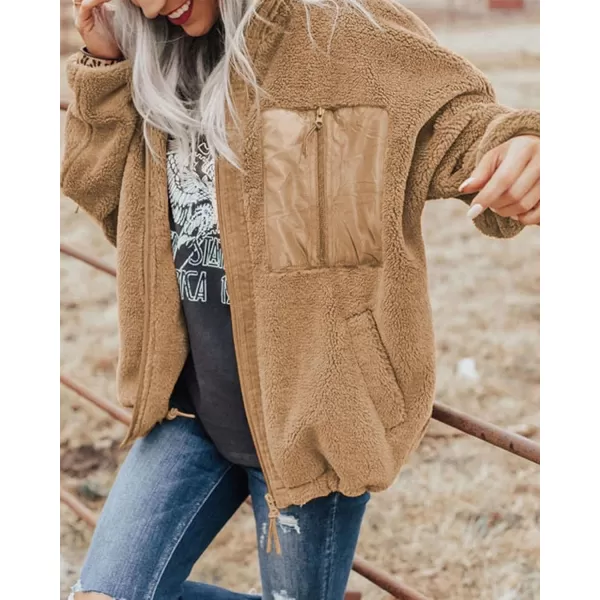 imageBTFBM Women 2023 Fall Winter Fleece Jackets Full Zip Long Sleeve Casual Soft Fuzzy Shaggy Teddy Coats Jacket OuterwearSolid Khaki