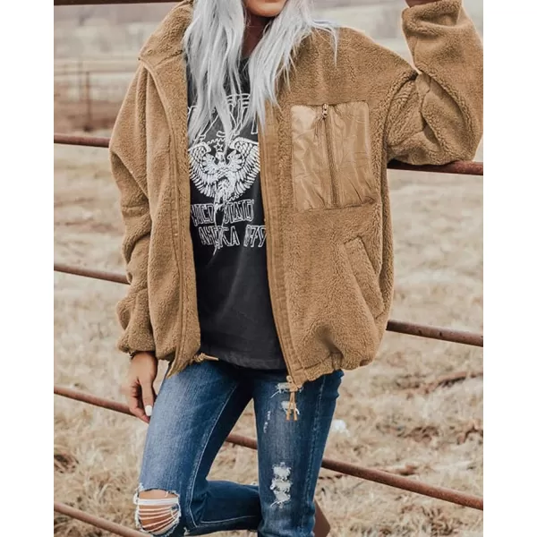 imageBTFBM Women 2023 Fall Winter Fleece Jackets Full Zip Long Sleeve Casual Soft Fuzzy Shaggy Teddy Coats Jacket OuterwearSolid Khaki