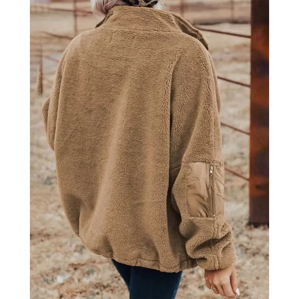 imageBTFBM Women 2023 Fall Winter Fleece Jackets Full Zip Long Sleeve Casual Soft Fuzzy Shaggy Teddy Coats Jacket OuterwearSolid Khaki