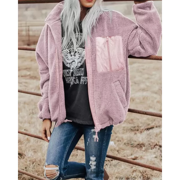 imageBTFBM Women 2023 Fall Winter Fleece Jackets Full Zip Long Sleeve Casual Soft Fuzzy Shaggy Teddy Coats Jacket OuterwearSolid Pink