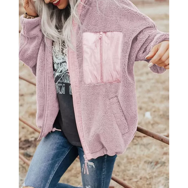 imageBTFBM Women 2023 Fall Winter Fleece Jackets Full Zip Long Sleeve Casual Soft Fuzzy Shaggy Teddy Coats Jacket OuterwearSolid Pink