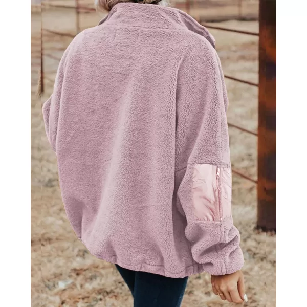 imageBTFBM Women 2023 Fall Winter Fleece Jackets Full Zip Long Sleeve Casual Soft Fuzzy Shaggy Teddy Coats Jacket OuterwearSolid Pink