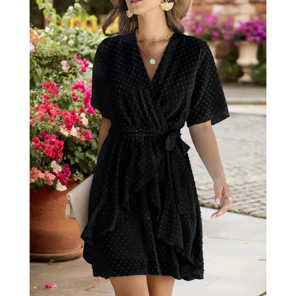 imageBTFBM Women 2023 Fashion Faux Wrap VNeck Dresses Short Sleeve High Waist Belt Swing Ruffle Hem Aline Summer Short DressBlack