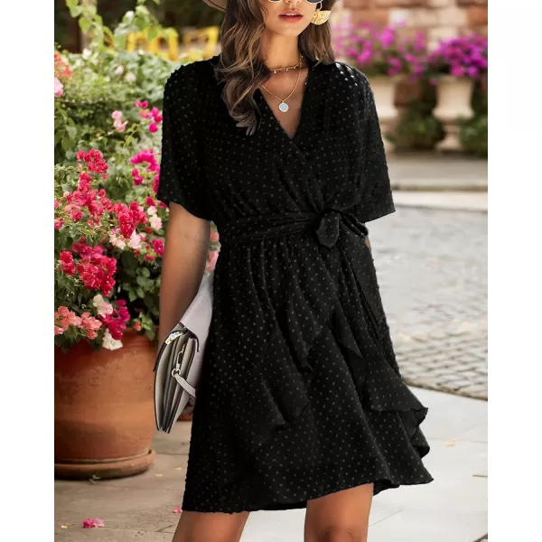 imageBTFBM Women 2023 Fashion Faux Wrap VNeck Dresses Short Sleeve High Waist Belt Swing Ruffle Hem Aline Summer Short DressBlack