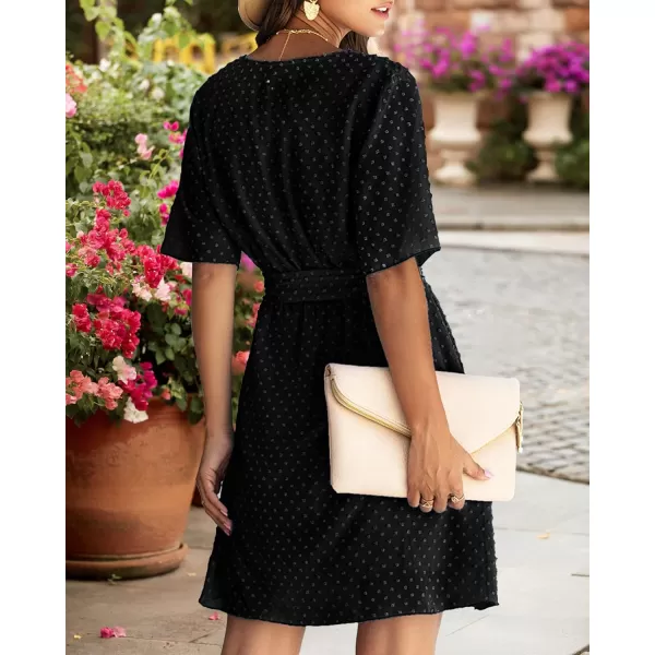 imageBTFBM Women 2023 Fashion Faux Wrap VNeck Dresses Short Sleeve High Waist Belt Swing Ruffle Hem Aline Summer Short DressBlack
