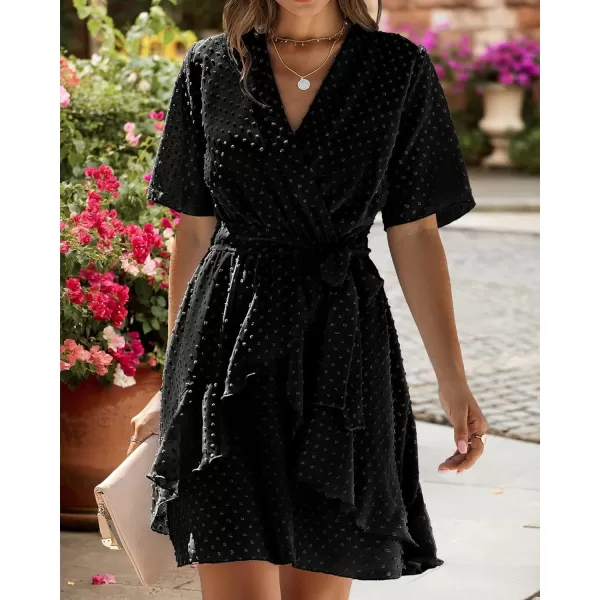 imageBTFBM Women 2023 Fashion Faux Wrap VNeck Dresses Short Sleeve High Waist Belt Swing Ruffle Hem Aline Summer Short DressBlack