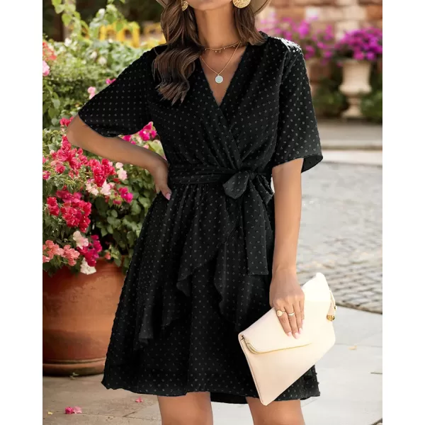 imageBTFBM Women 2023 Fashion Faux Wrap VNeck Dresses Short Sleeve High Waist Belt Swing Ruffle Hem Aline Summer Short DressBlack