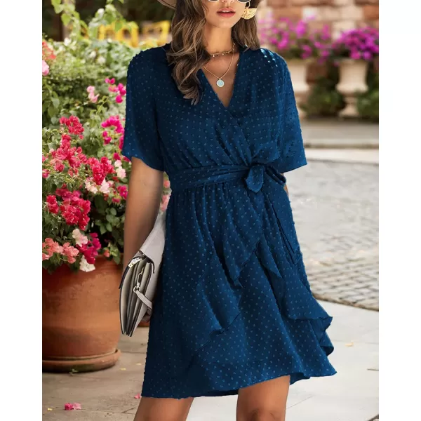 imageBTFBM Women 2023 Fashion Faux Wrap VNeck Dresses Short Sleeve High Waist Belt Swing Ruffle Hem Aline Summer Short DressDark Blue
