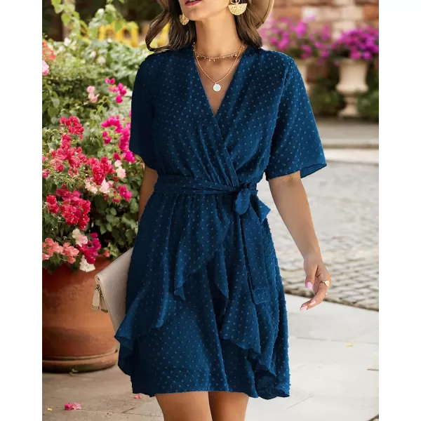 imageBTFBM Women 2023 Fashion Faux Wrap VNeck Dresses Short Sleeve High Waist Belt Swing Ruffle Hem Aline Summer Short DressDark Blue