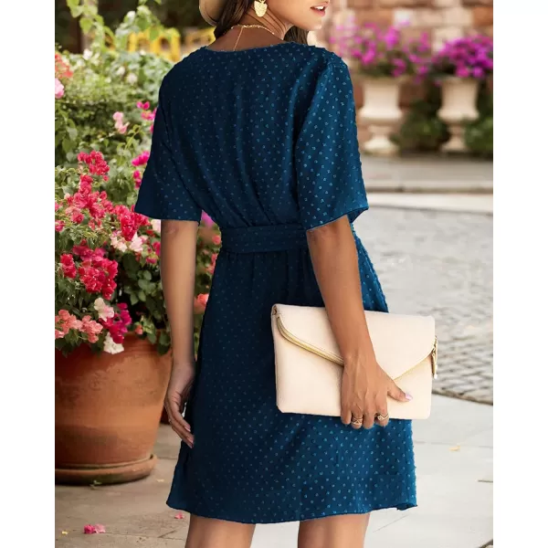imageBTFBM Women 2023 Fashion Faux Wrap VNeck Dresses Short Sleeve High Waist Belt Swing Ruffle Hem Aline Summer Short DressDark Blue