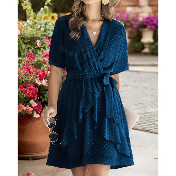 imageBTFBM Women 2023 Fashion Faux Wrap VNeck Dresses Short Sleeve High Waist Belt Swing Ruffle Hem Aline Summer Short DressDark Blue