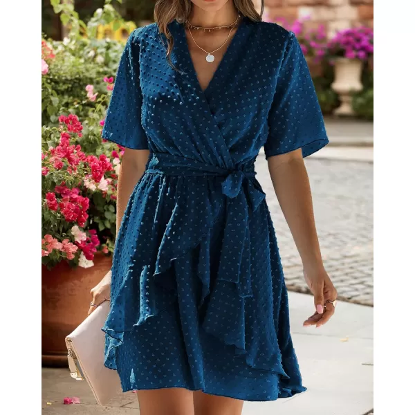 imageBTFBM Women 2023 Fashion Faux Wrap VNeck Dresses Short Sleeve High Waist Belt Swing Ruffle Hem Aline Summer Short DressDark Blue