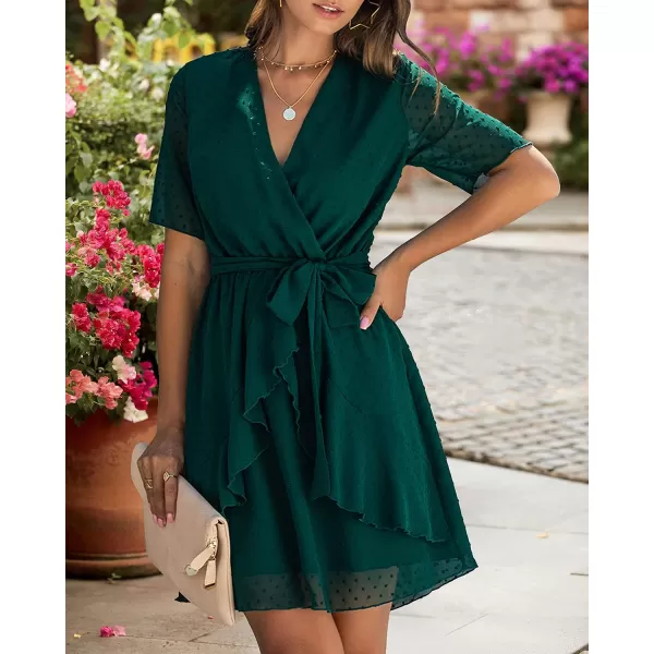 imageBTFBM Women 2023 Fashion Faux Wrap VNeck Dresses Short Sleeve High Waist Belt Swing Ruffle Hem Aline Summer Short DressDark Green
