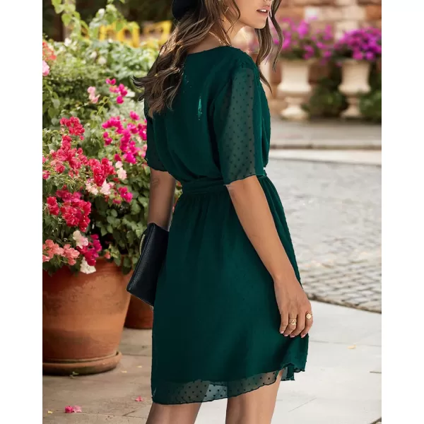 imageBTFBM Women 2023 Fashion Faux Wrap VNeck Dresses Short Sleeve High Waist Belt Swing Ruffle Hem Aline Summer Short DressDark Green