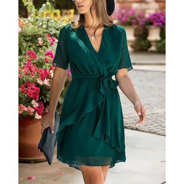 imageBTFBM Women 2023 Fashion Faux Wrap VNeck Dresses Short Sleeve High Waist Belt Swing Ruffle Hem Aline Summer Short DressDark Green